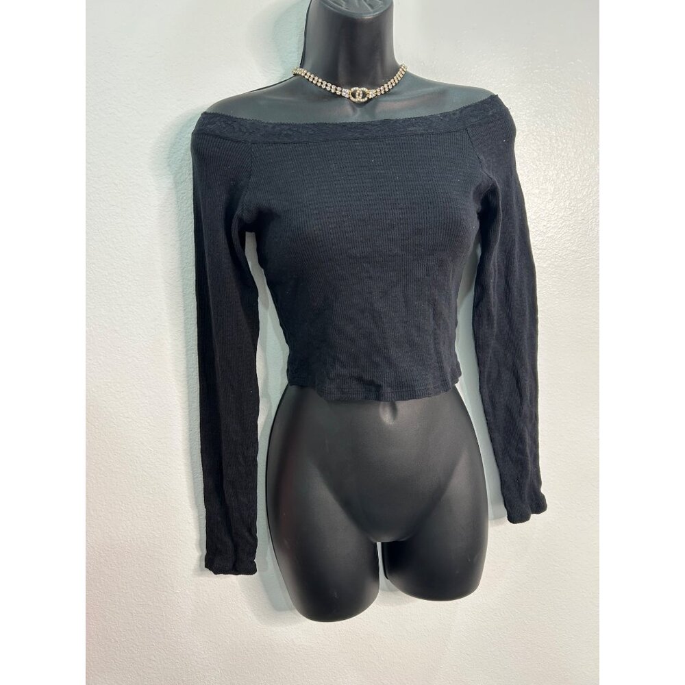 Off-Shoulder Black Crop Top Outlaw Womens L Ribbed Knit Long Sleeve